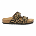 Women's leopard cork platform slide sandal side profile view showing cork platform height and double buckle strap detail