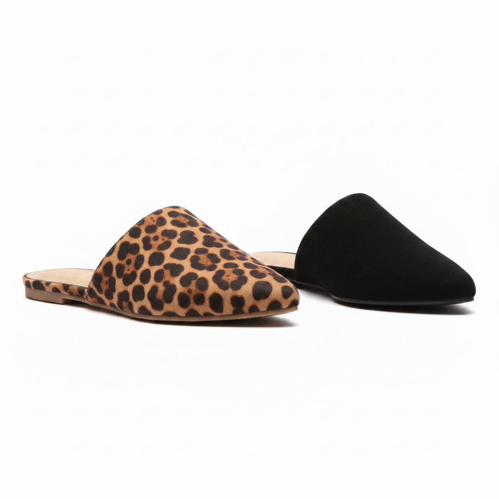 Bella Marie leopard print and black pointed toe mule slides pair, front three-quarter studio view on white background