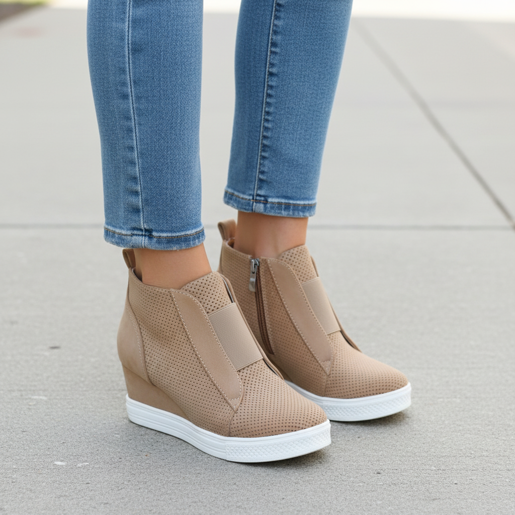 Woman standing wearing camel perforated wedge sneaker booties with light wash jeans on concrete sidewalk, knees-down view