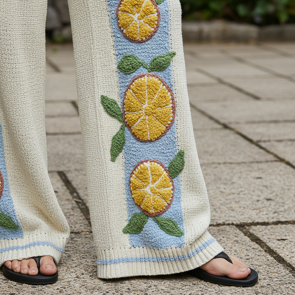 Close-up of blue side panel citrus orange applique and ribbed cuffs on POL Clothing wide-leg knit pants