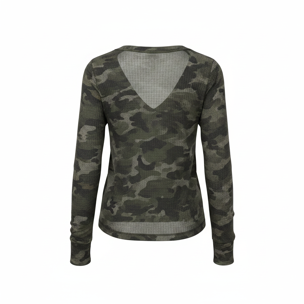 Women's camo print long sleeve top back view, dark olive camouflage knit, straight hem