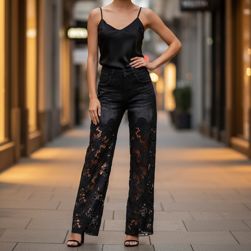 Women's black pearl rhinestone floral lace wide-leg jeans styled on city sidewalk date night - BellanBlue