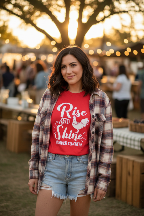 Woman wearing Rise and Shine Mother Cluckers red graphic tee layered with flannel shirt and denim shorts, outdoor casual lifestyle shot with golden hour lighting
