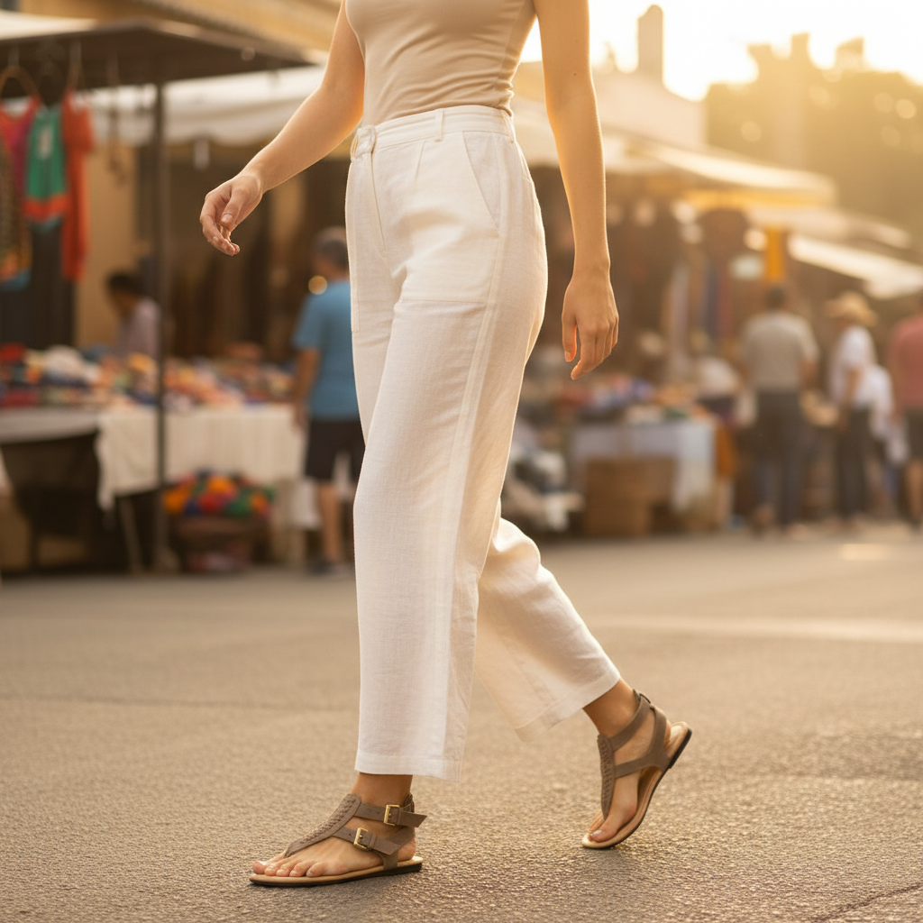 Woman wearing taupe braided thong sandals with double gold buckles, styled with cream linen wide-leg pants at a sunny outdoor market