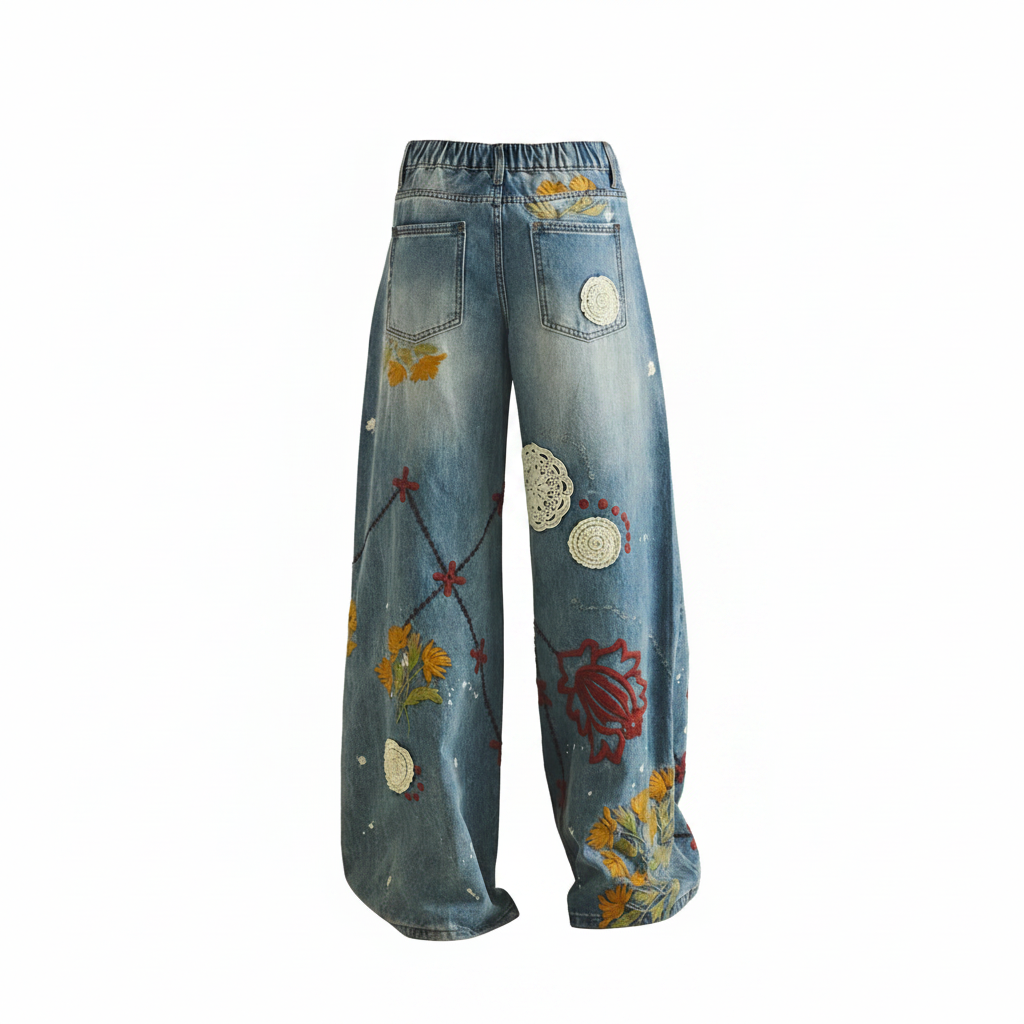 Women's wide leg denim pants back view, embroidery detail, mineral wash, relaxed fit, ghost mannequin