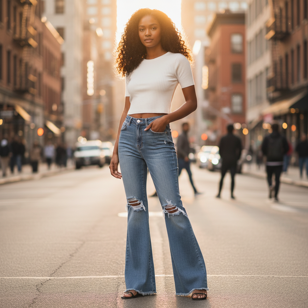 Women's light wash flared denim jeans with distressed hem styled for a casual urban outfit - BellanBlue