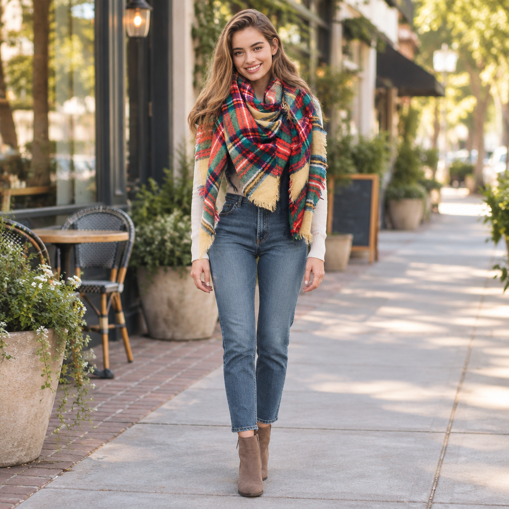 Leto Collection women's plaid blanket scarf styled on a boutique sidewalk - BellanBlue