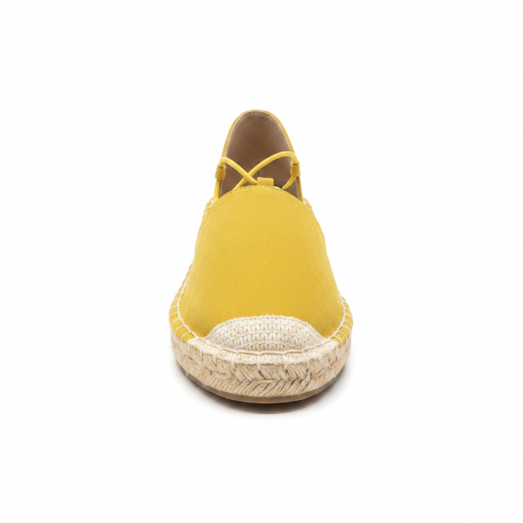 Qupid ELMORE-18A yellow suede PU espadrille lace-up flat sandal, front view, white background