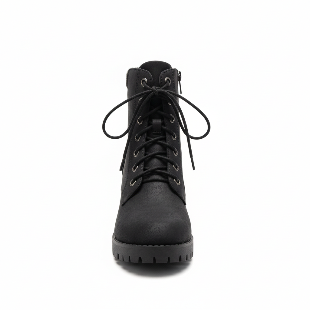 Black lace-up block heel combat ankle boot with grey knit collar trim, front view, white background