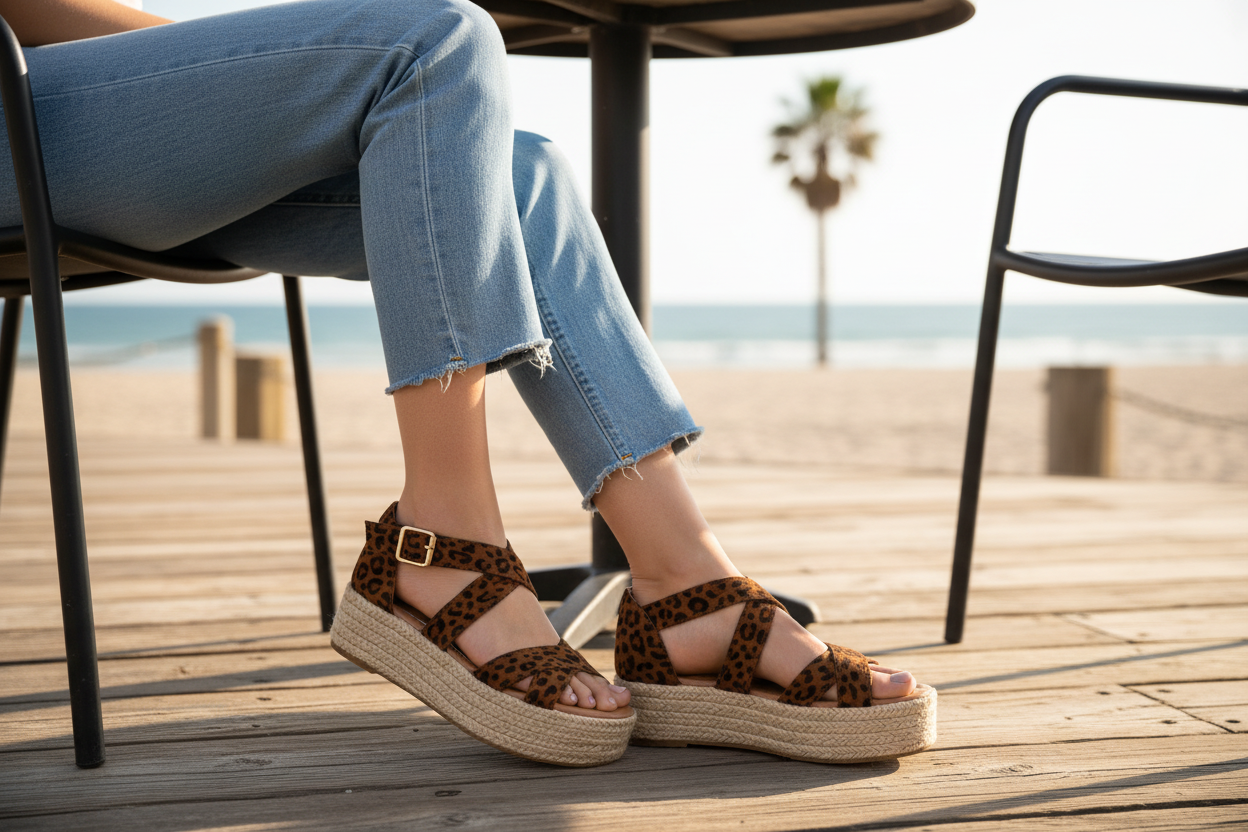 Close-up of leopard print espadrille sandals worn with cropped denim jeans at beach boardwalk café, casual vacation look