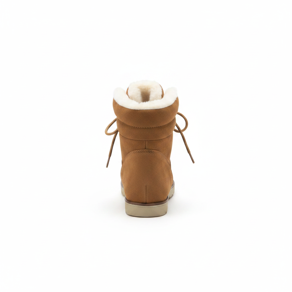 Camel suede lace-up ankle boot inner side profile view, white sherpa lining and tan laces on white background