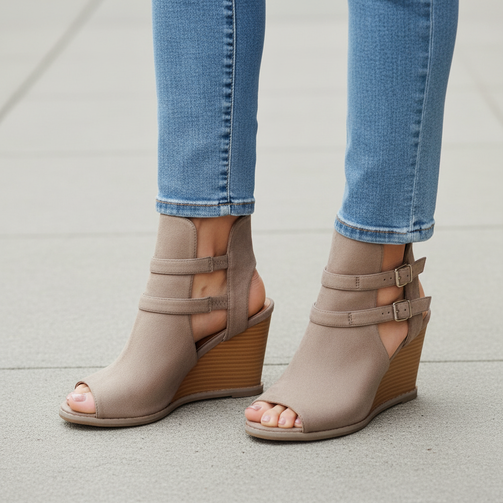 Woman standing on sidewalk wearing taupe Qupid Finley peep-toe wedge booties with double buckle straps, knees-down view