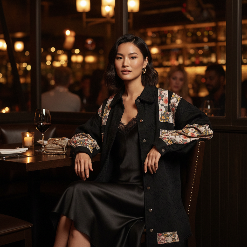 Women's black floral embroidered duster jacket styled over slip dress evening date night outfit