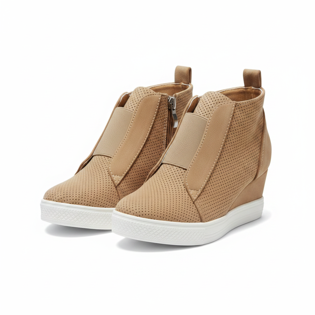 Camel perforated wedge sneaker booties pair, front three-quarter studio view, hidden wedge heel and white platform sole