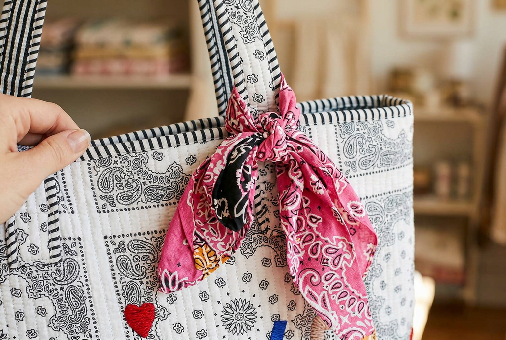 Pink paisley bandana knotted around a tote handle with black-and-white striped trim