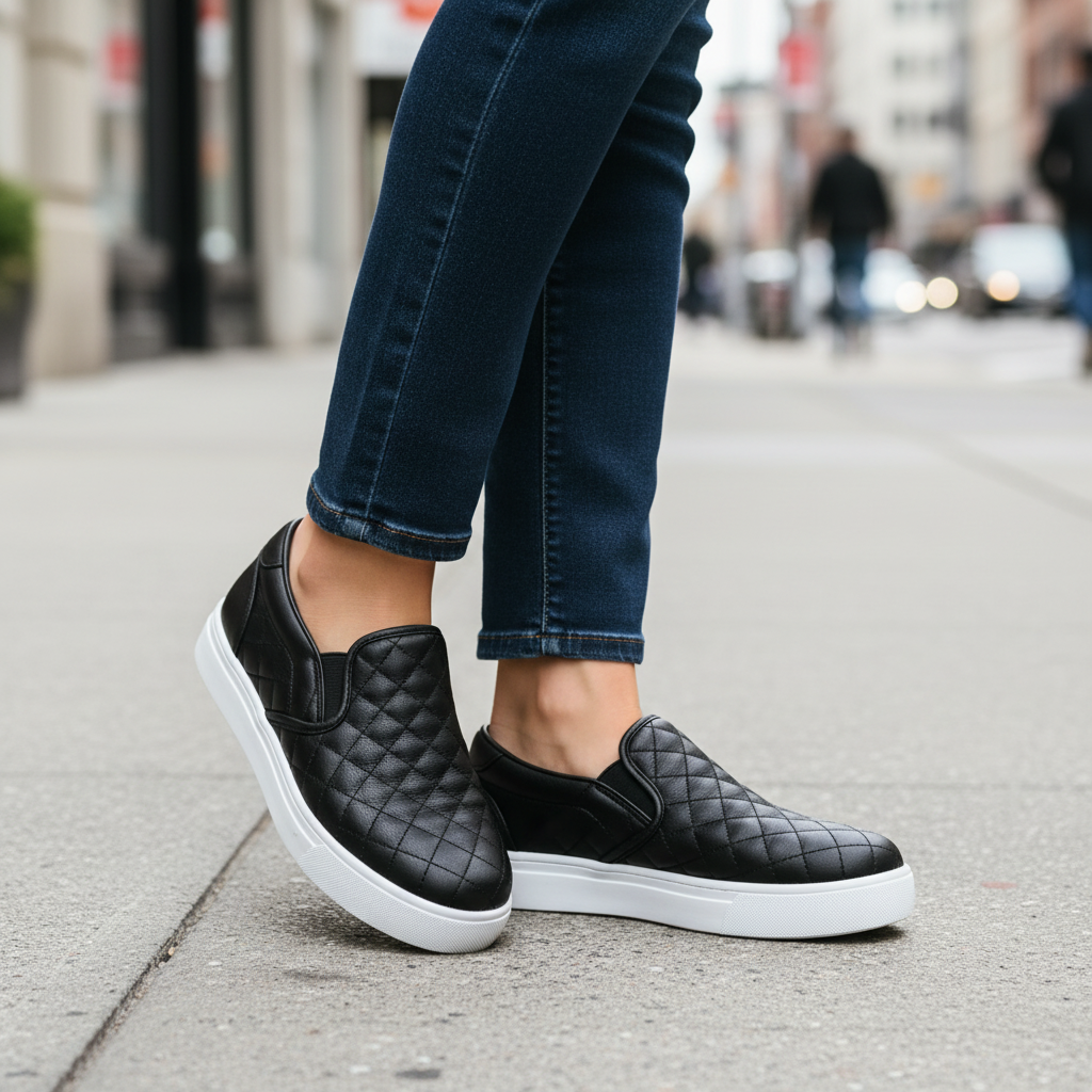 Woman standing on city sidewalk wearing black quilted slip-on platform sneakers with dark jeans close-up