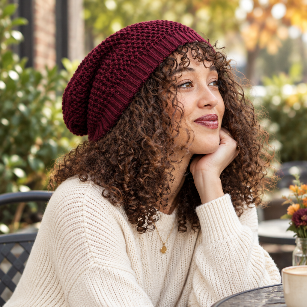 Leto Collection women's burgundy waffle-knit slouch beanie at a garden café