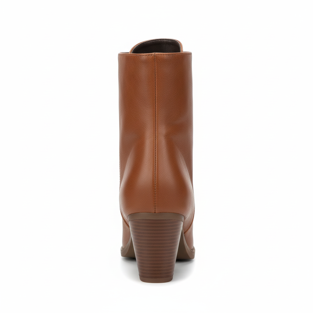 Rust brown ankle boot back view showing heel detail and boot construction