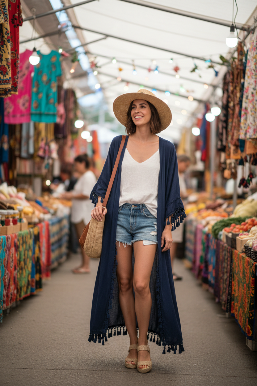 Navy women’s longline tassel trim kimono wrap styled at outdoor market