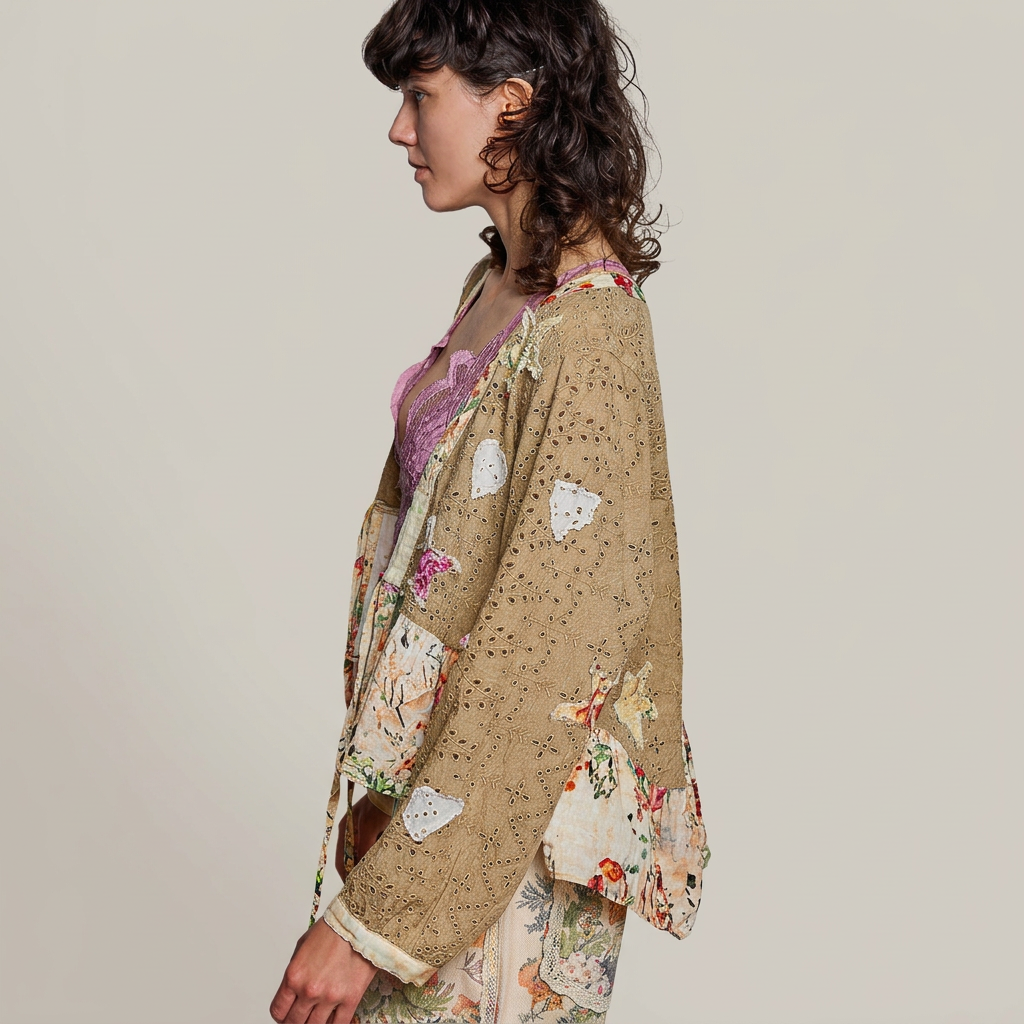 Side view of mocha eyelet cardigan with a full sleeve, white heart patches and contrasting floral trim.