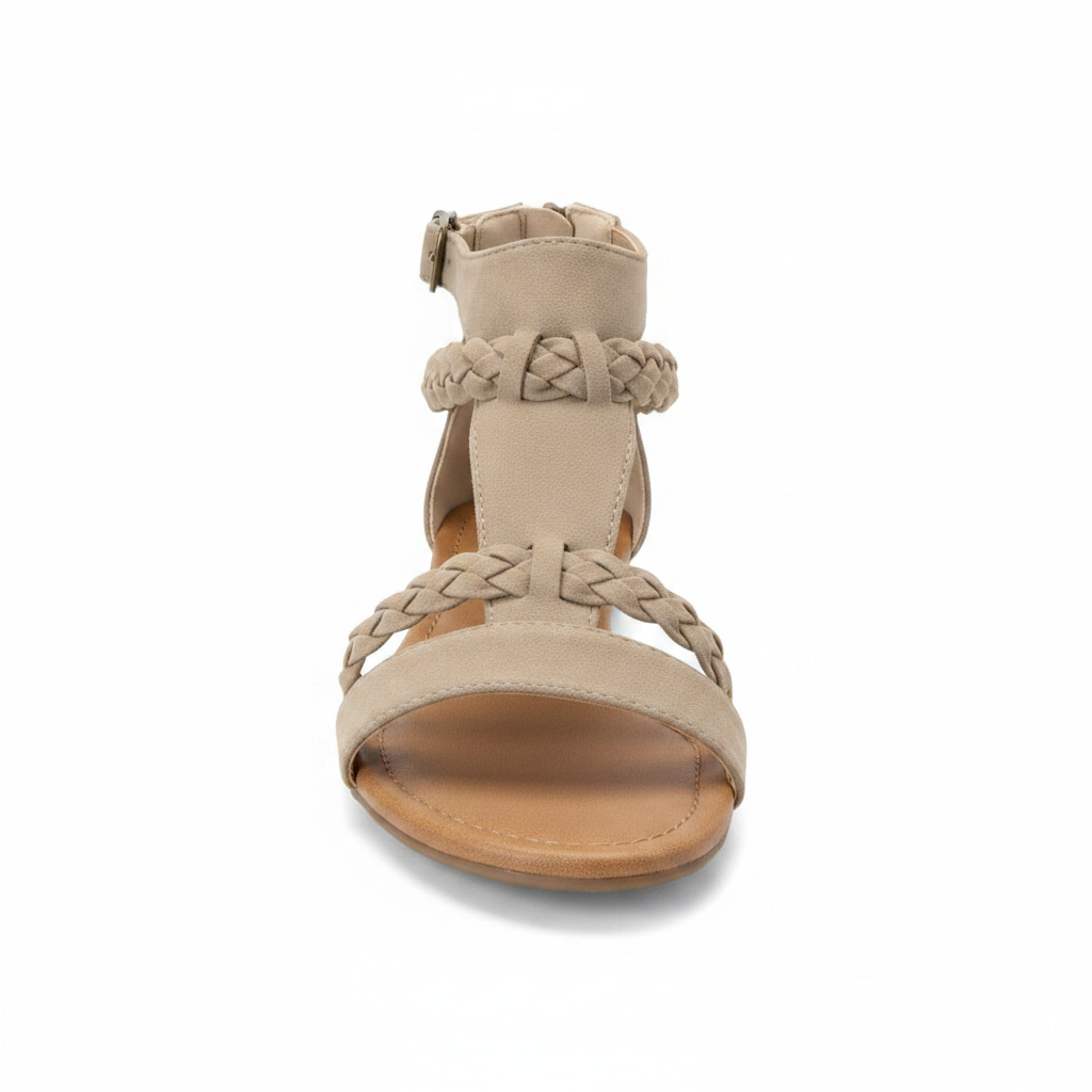 Women's taupe suede flat T-strap sandal front view braided woven strap open toe gold buckle