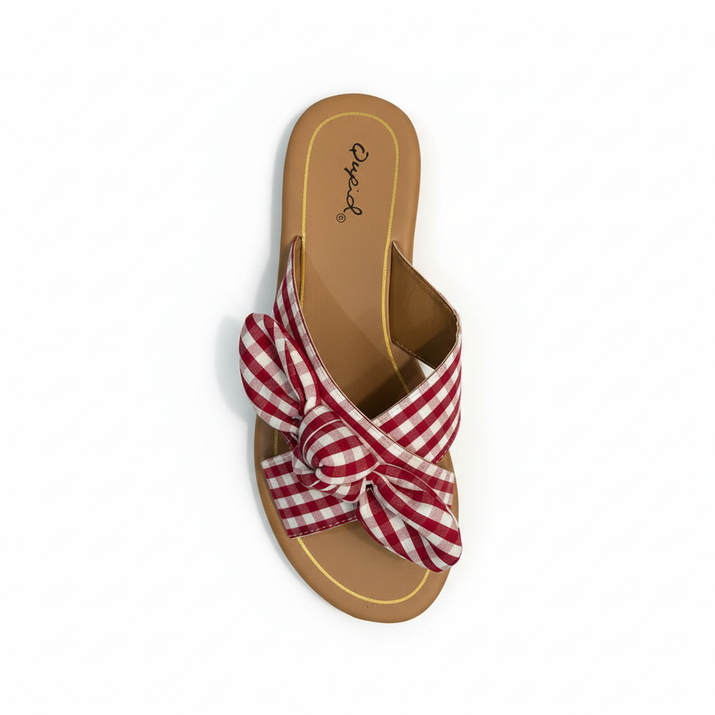 Red gingham bow sandals - top view displaying decorative bow and comfortable footbed