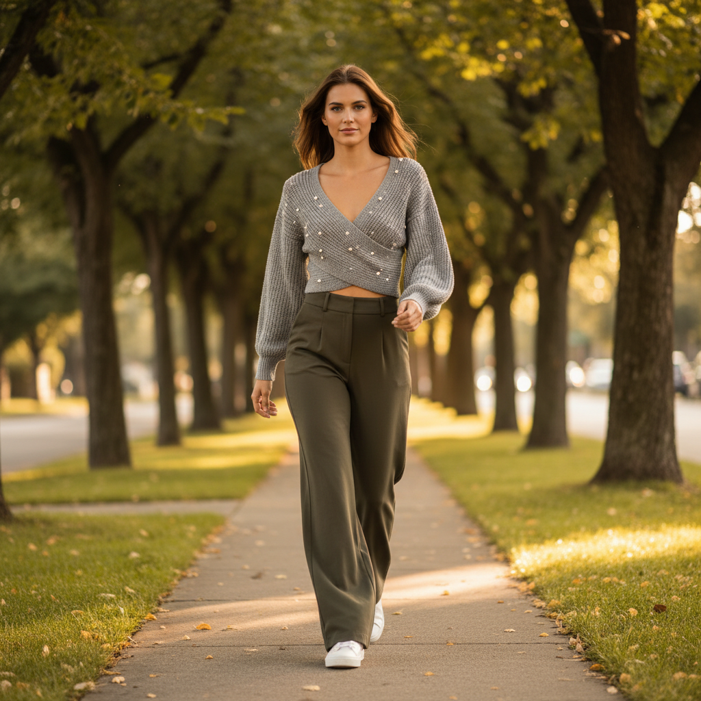Love Tree women's grey cropped knit sweater, balloon sleeves, wide-leg pants, tree-lined sidewalk