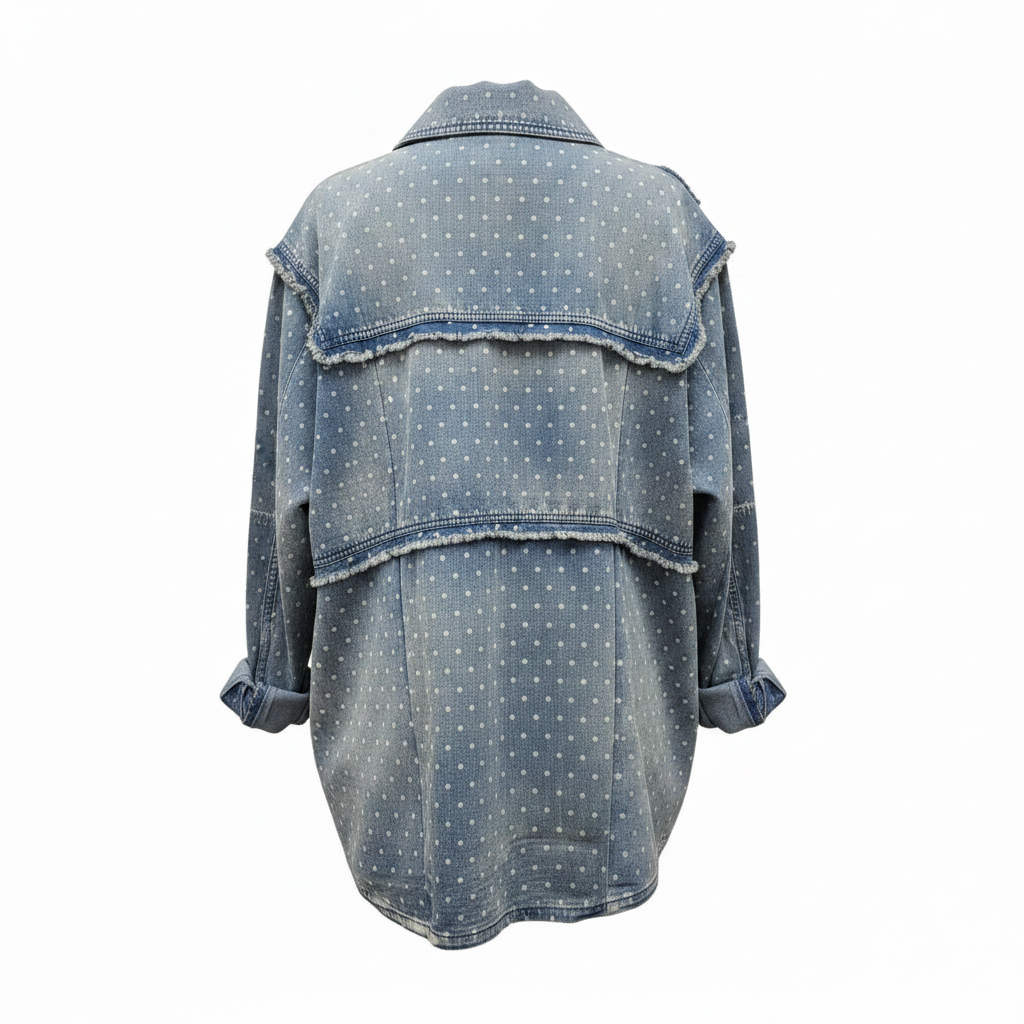 Women's light blue polka dot denim jacket tiered frayed ruffle back acid-wash oversized silhouette