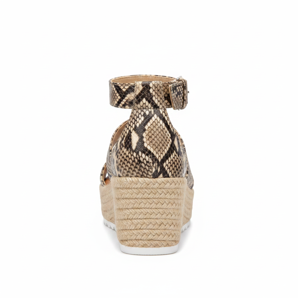 AMS EMMA-25 snake print espadrille wedge sandal, straight rear view showing ankle strap and jute-wrapped wedge, white background