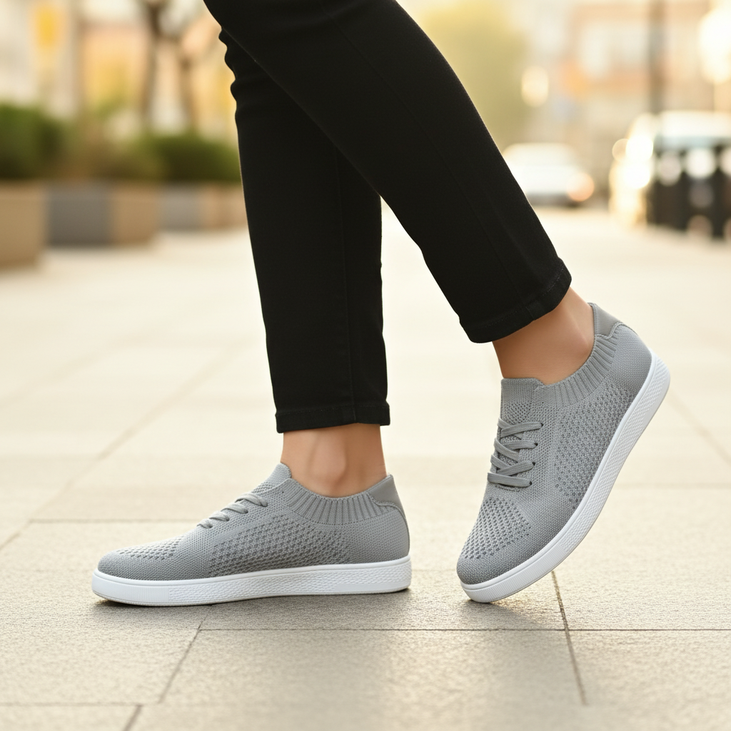 Women's light grey knit lace-up sneaker styled with black jeans on urban sidewalk natural daylight