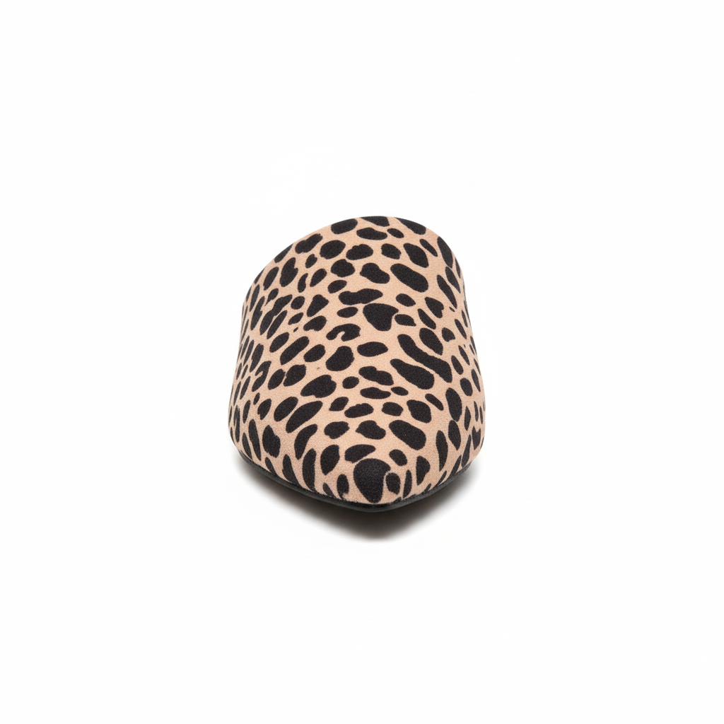 Women's blush cheetah print pointed-toe slip-on flat mule, front view, white background