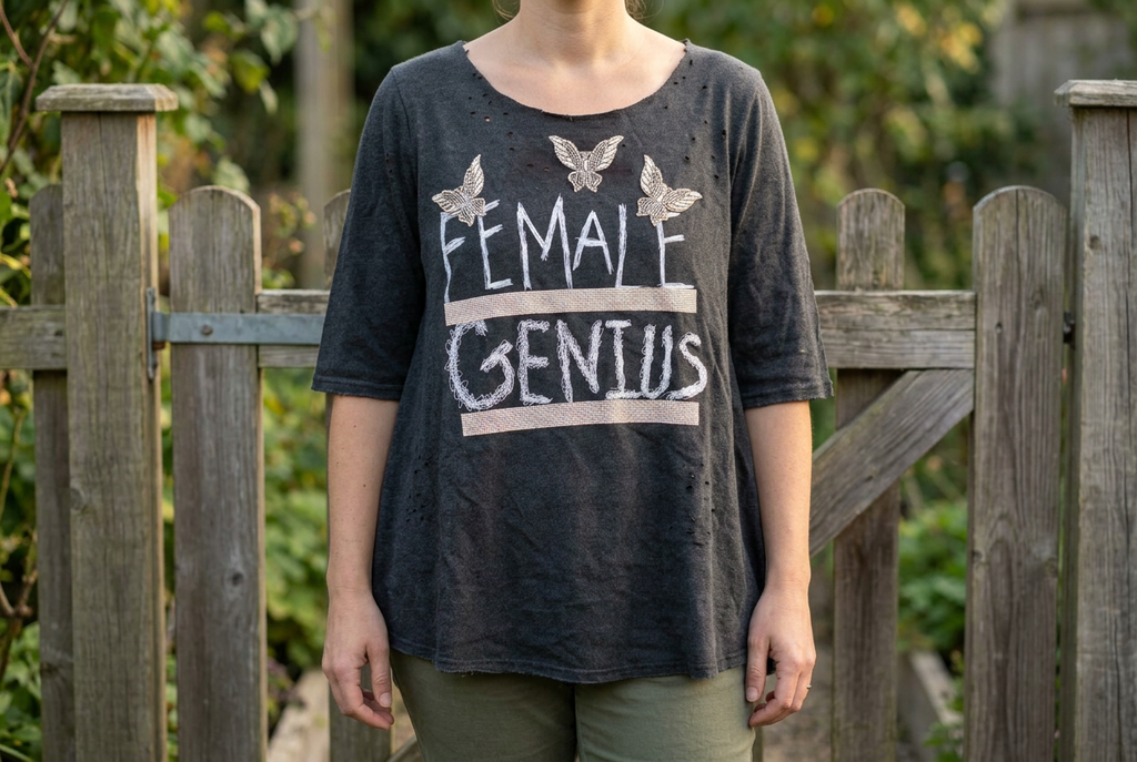 Charcoal oversized Female Genius tee worn untucked with olive trousers in front of a wooden garden gate.