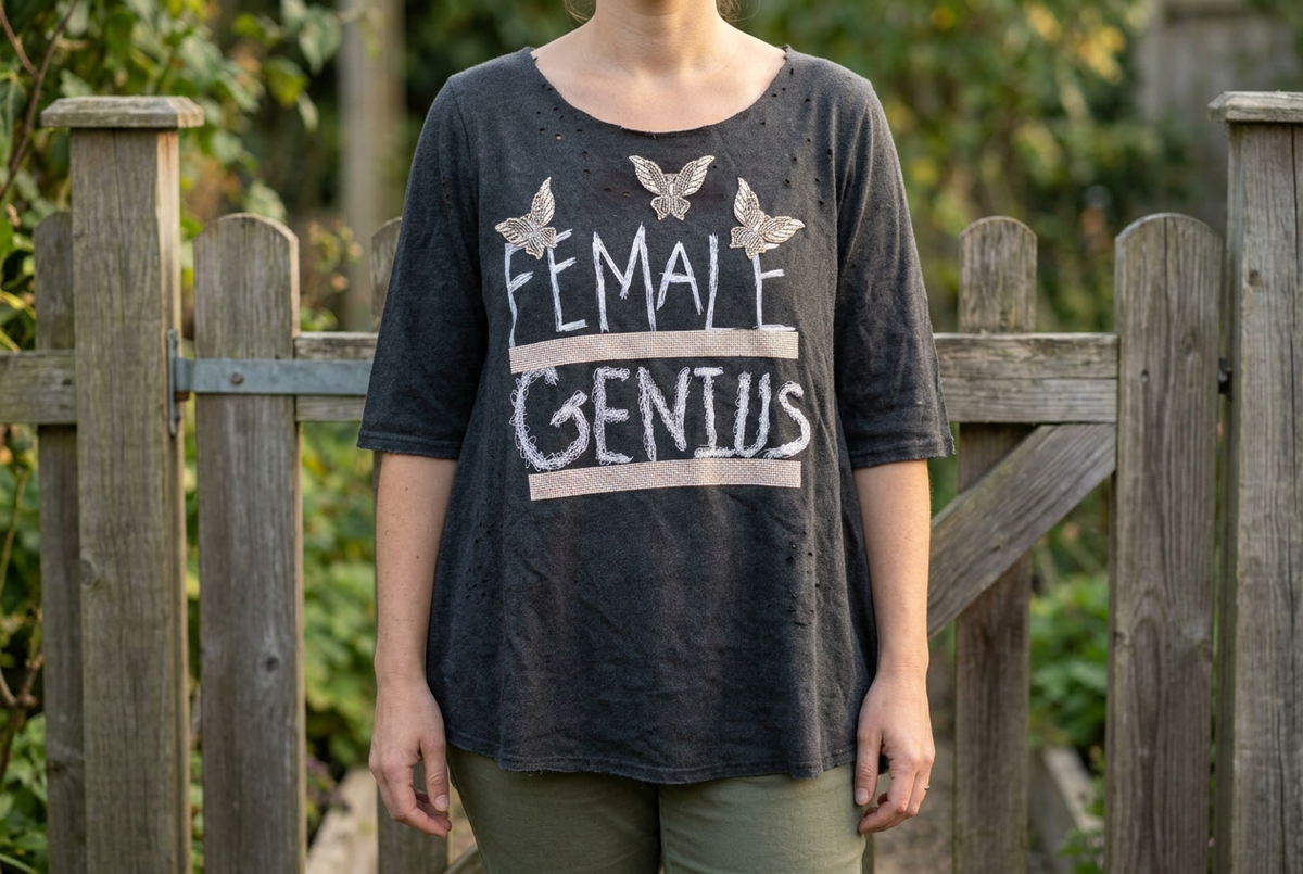 Charcoal oversized Female Genius tee worn untucked with olive trousers in front of a wooden garden gate.
