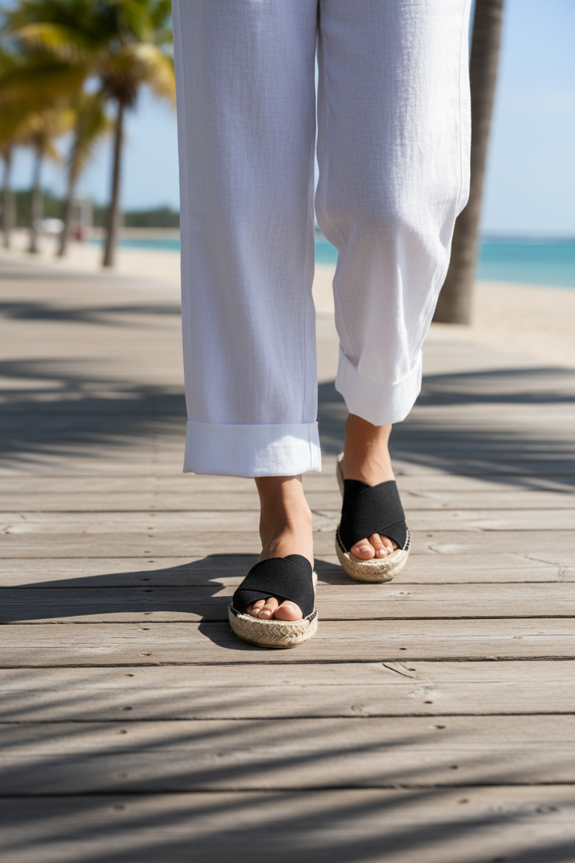 Woman wearing black espadrille slide sandals with white linen pants lifestyle photo