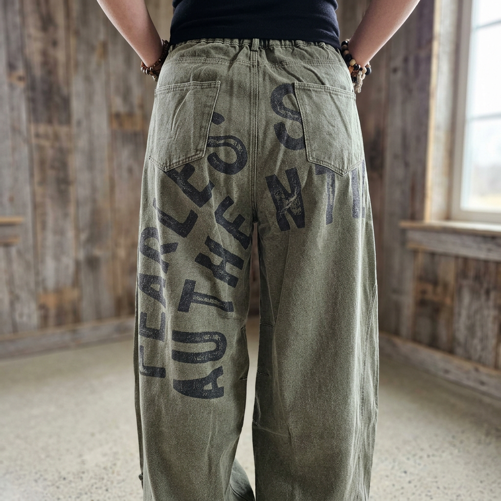 Rear detail of olive jeans with patch pockets, a gathered waistband, and oversized black statement lettering.