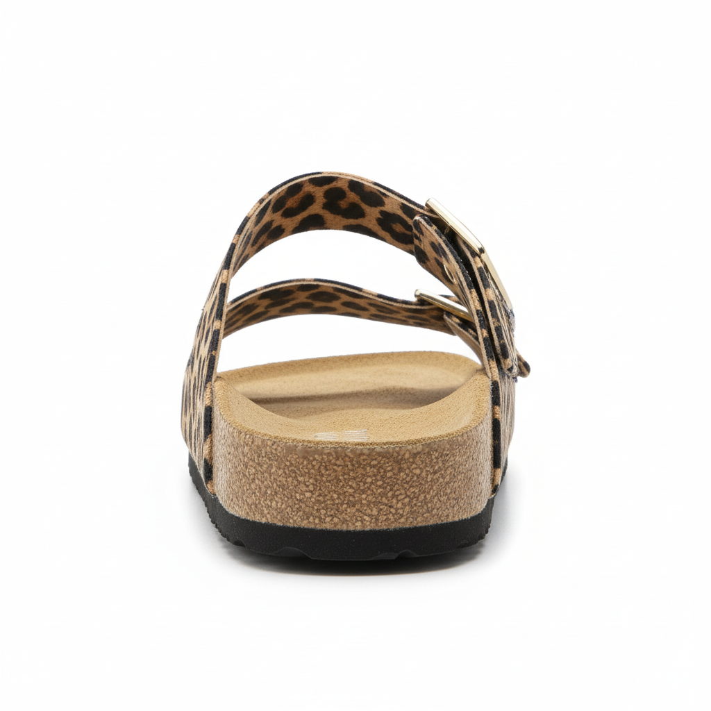 Women's leopard print double buckle slide sandal back view showing cork platform texture and heel profile