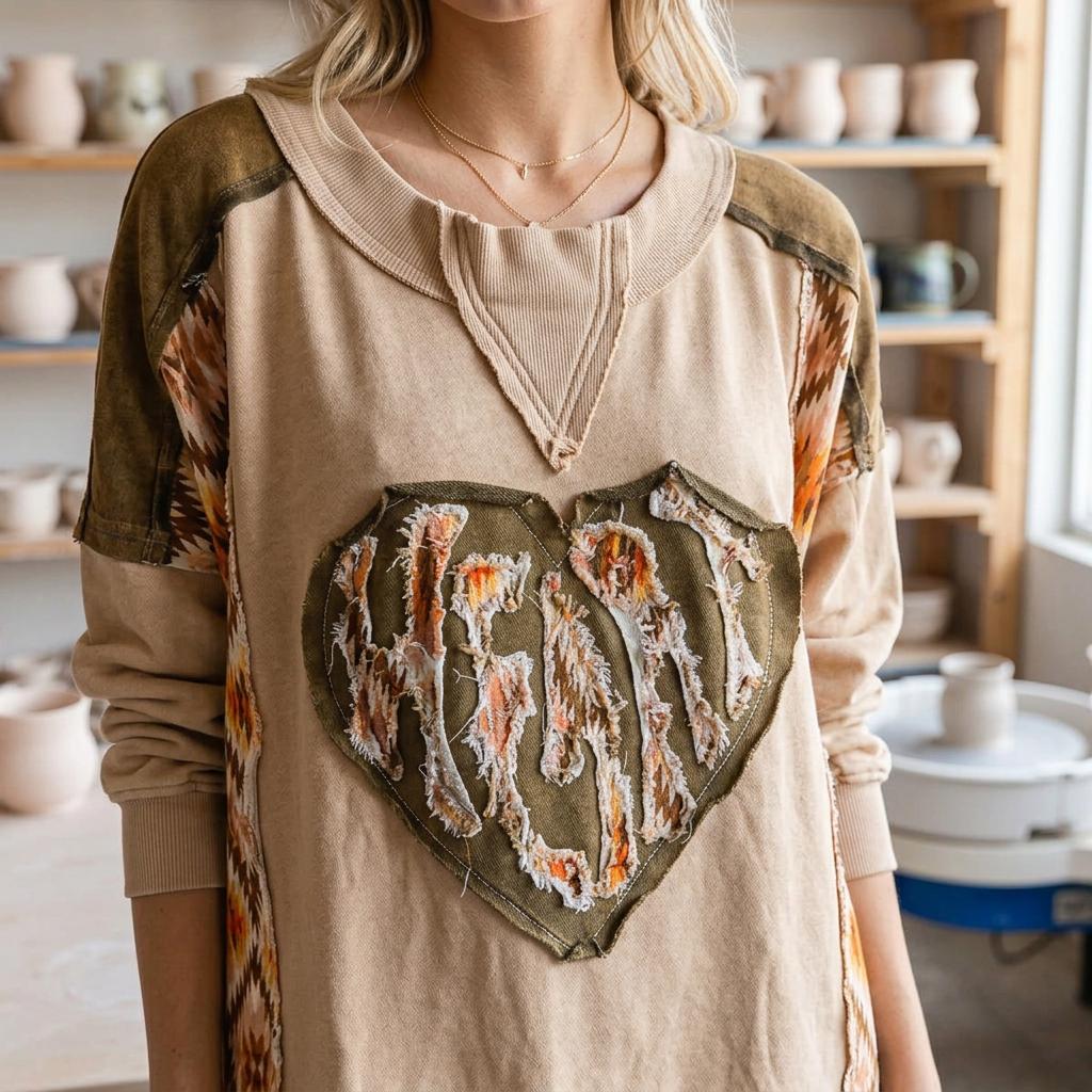 Close-up of frayed lettering on an olive heart appliqué and the ribbed neckline of a tan pullover