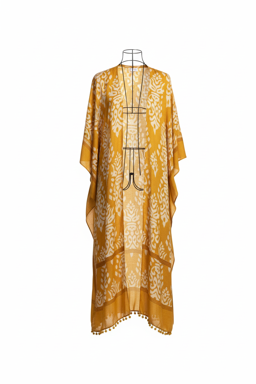 Damask print long kimono duster in mustard yellow - front view showing flowing maxi length and pom-pom trim