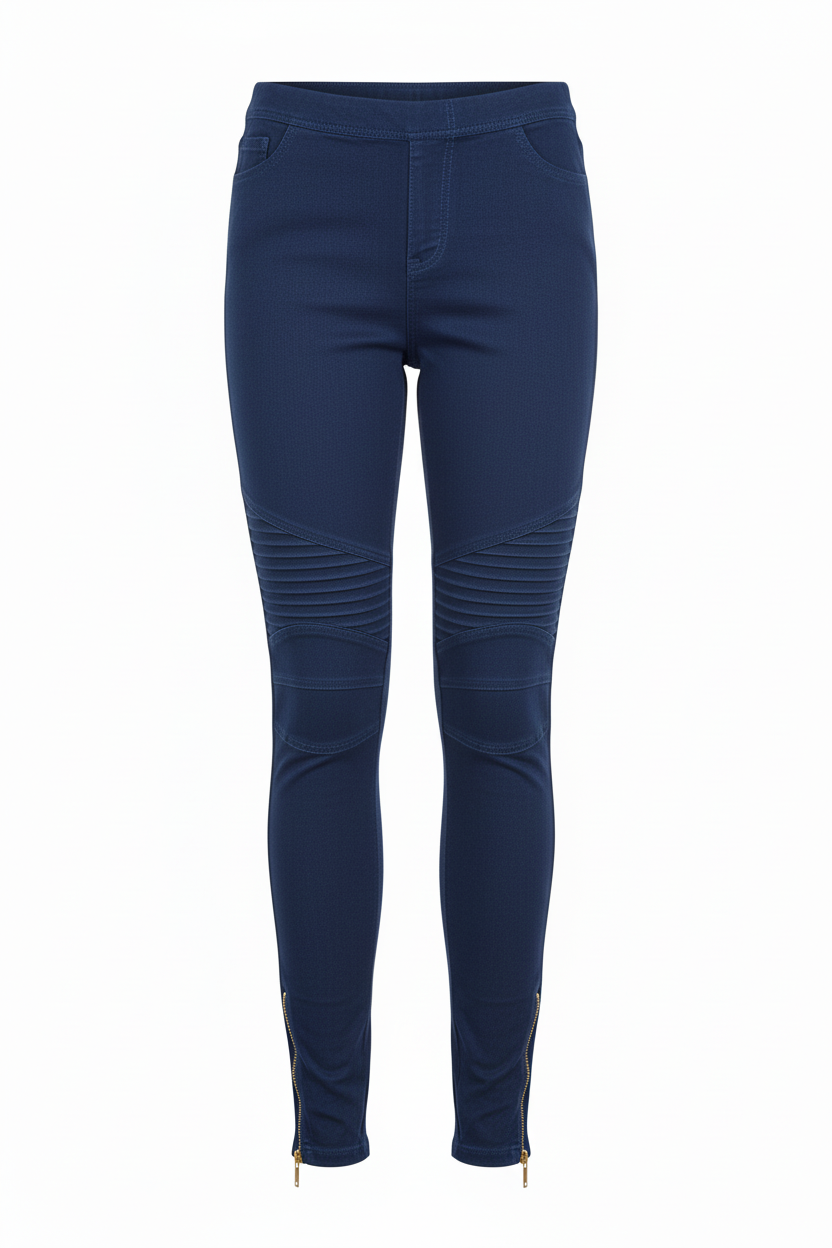 Women's moto leggings in denim blue - front view showing moto seaming, knee ruching, and gold ankle zipper
