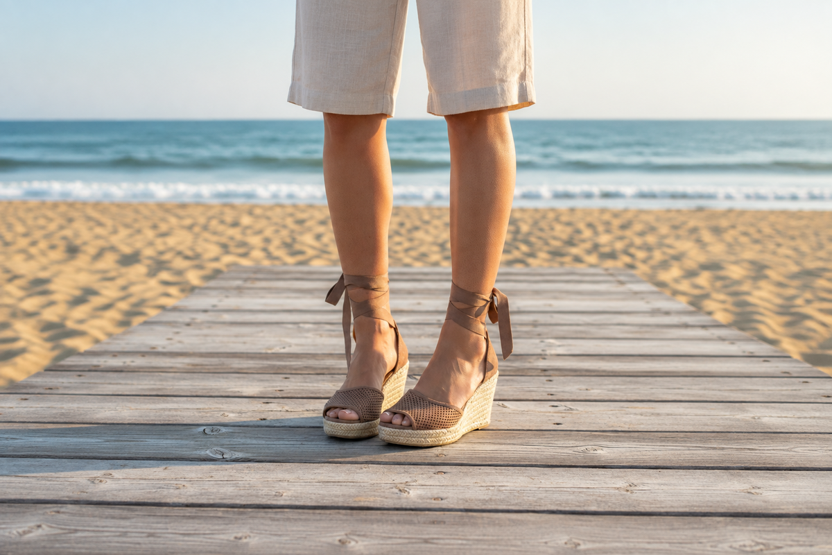 A person standing on a wooden boardwalk at the beach wearing beige wrap-around wedge sandals with woven espadrille-style soles and light beige shorts, with sand and the ocean in the background.