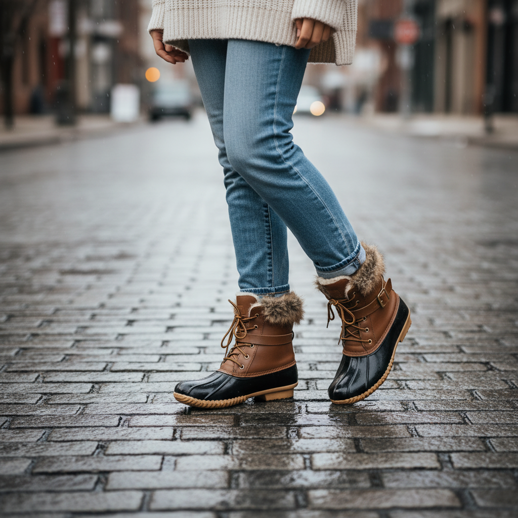Women's tan waterproof duck boots, glossy rubber sole, faux fur trim, walking on wet cobblestone street