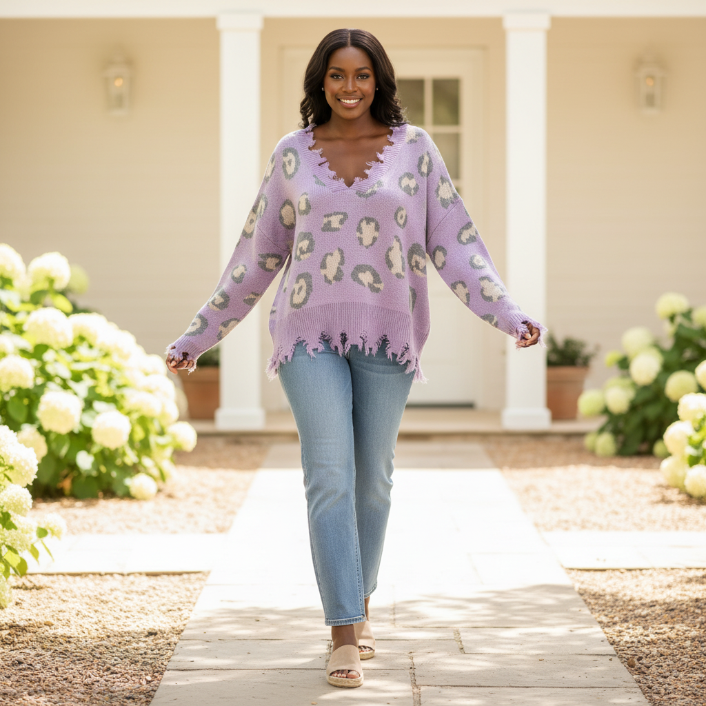 Women's purple leopard knit sweater, walking pose, grey cream spots, frayed fringe hem, relaxed boho style