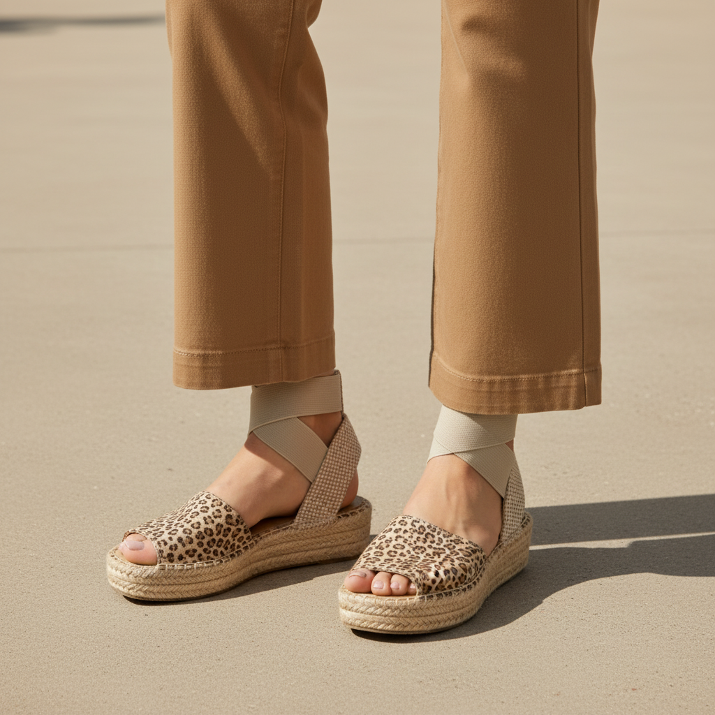 Women's oat leopard espadrille platform sandals worn as a pair on concrete showing braided jute sole and ankle strap fit