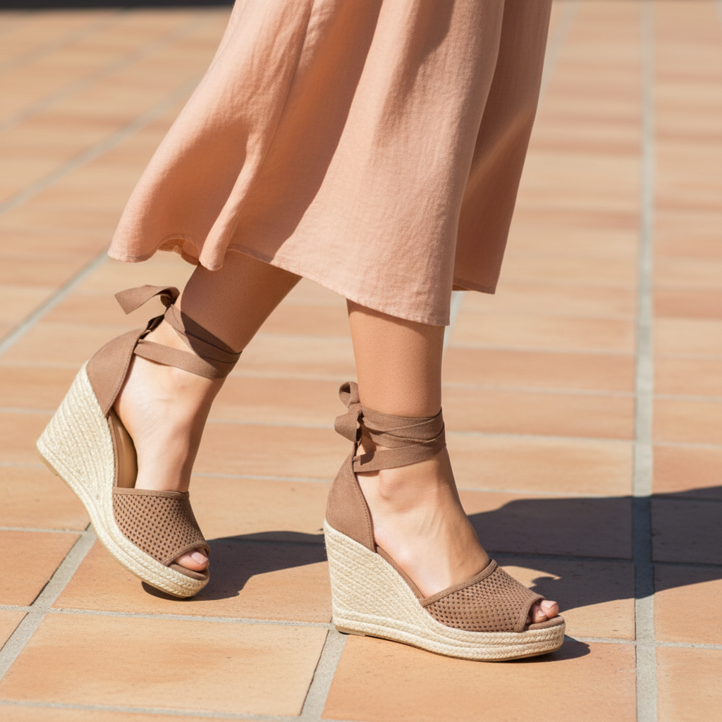 Woman walking on cobblestone in taupe perforated suede espadrille wedge sandals with ankle-wrap ribbon ties, mid-stride close-up
