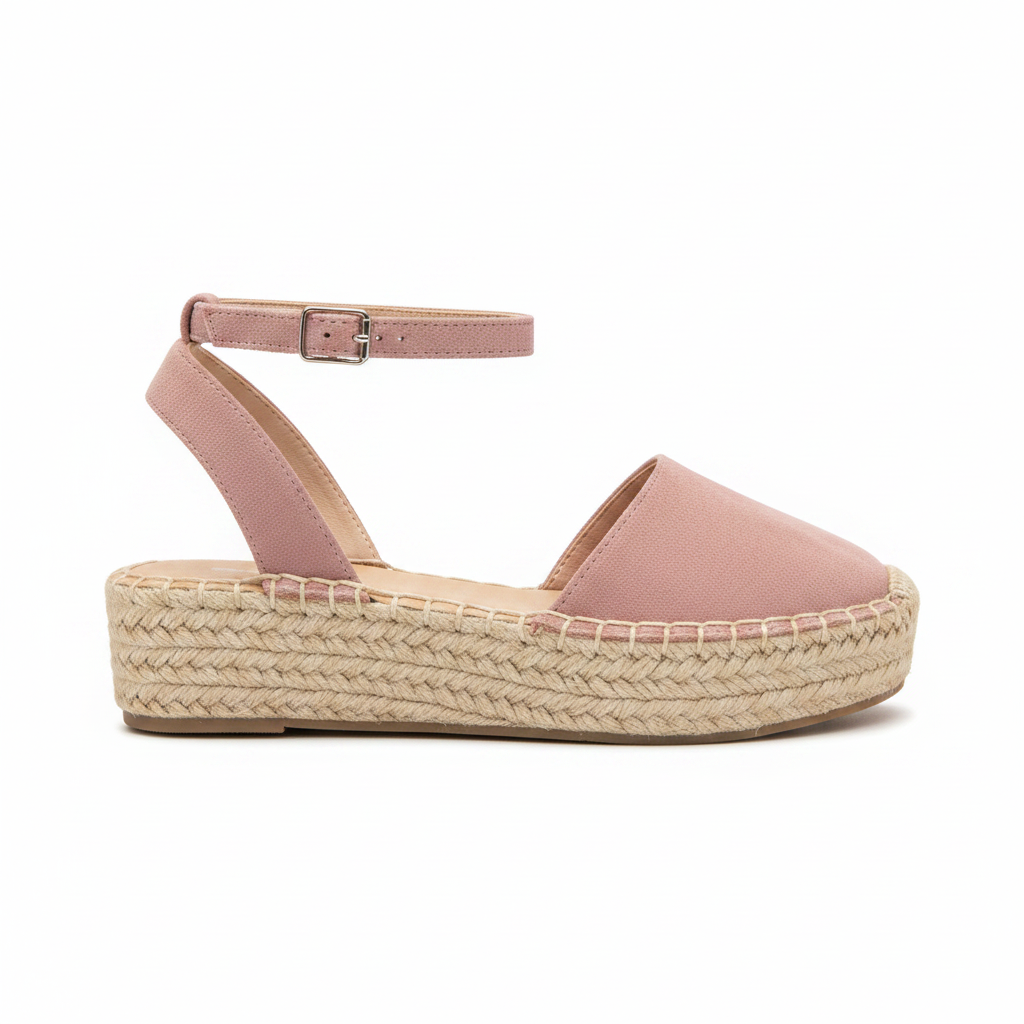 Women's mauve suede closed toe espadrille flatform sandal side profile showing woven jute rope platform and ankle strap with silver buckle