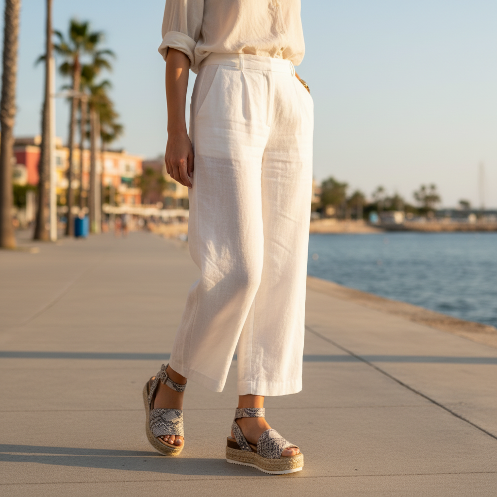 Women's python snake print espadrille platform sandals with ankle strap styled with white linen pants resort boardwalk - BellanBlue