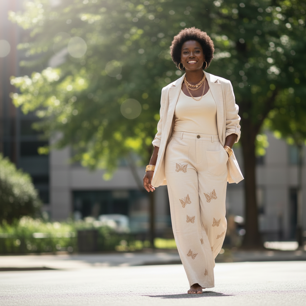 Women's ivory wide-leg cotton trousers with butterfly embroidery, styled with blazer, worn by Black model on city street