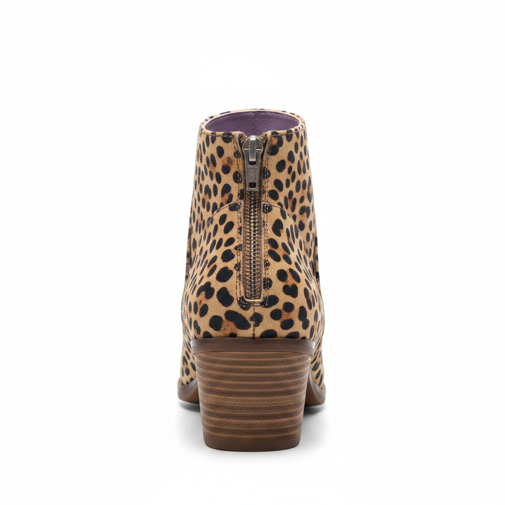 Forever Link Winster-2 leopard peep-toe cutout bootie, straight rear view showing zipper and stacked block heel, white background