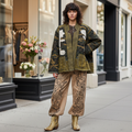 POL Clothing women's olive camo quilted jacket with white lace appliqué patches, open-front, boutique street style - BellanBlue