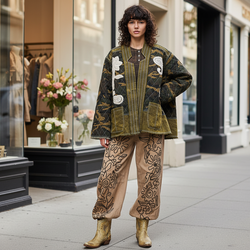 POL Clothing women's olive camo quilted jacket with white lace appliqué patches, open-front, boutique street style - BellanBlue
